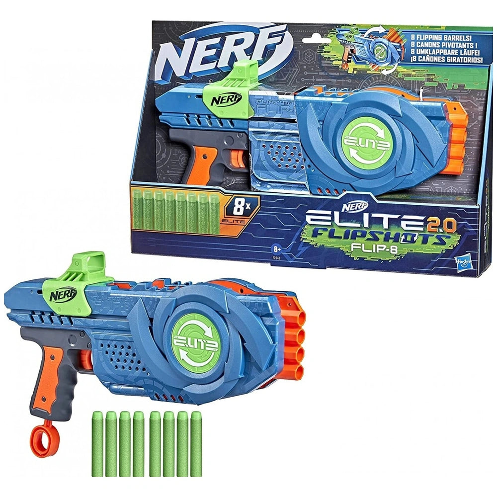 Nerf Elite 2.0 Flipshots Flip-8 Blaster in blue and orange with green logos on a blue and green cardboard packaging.