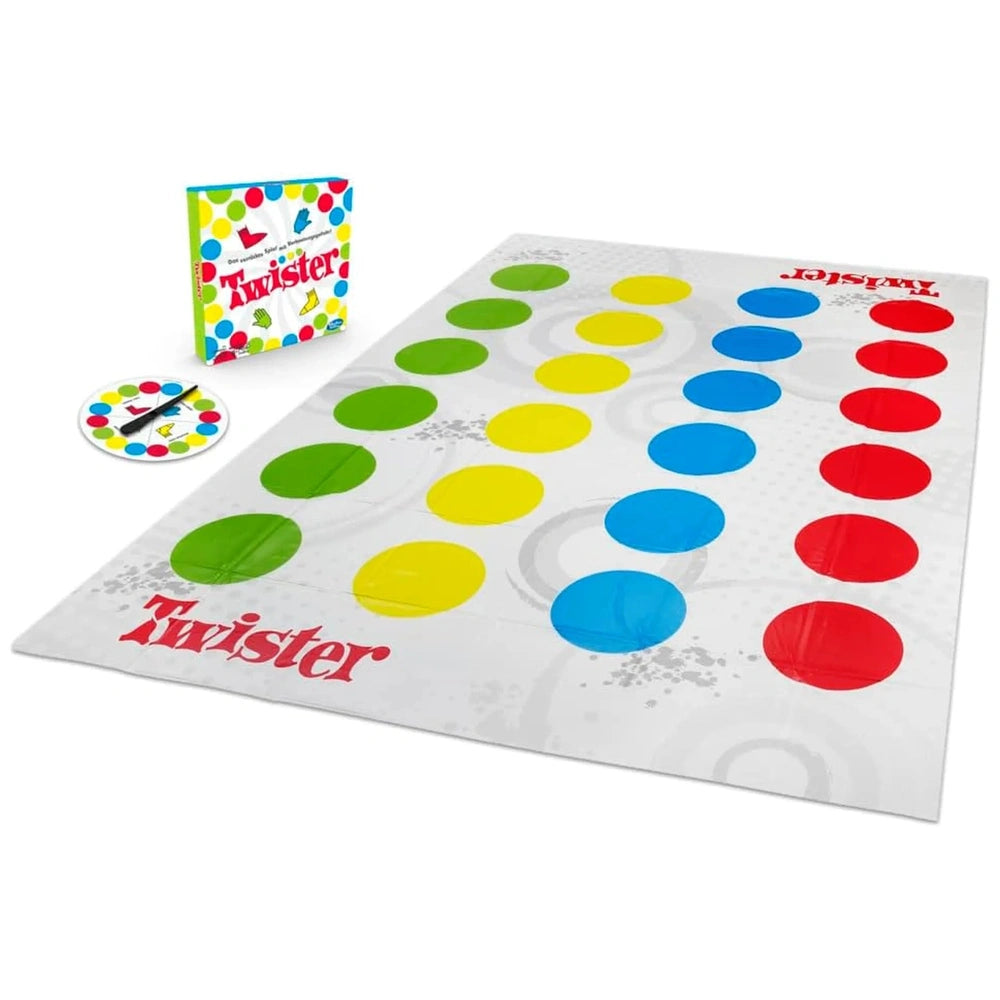 Hasbro Twister Game German Edition packaging features colorful polka dots and bold red text on a glossy white background.
