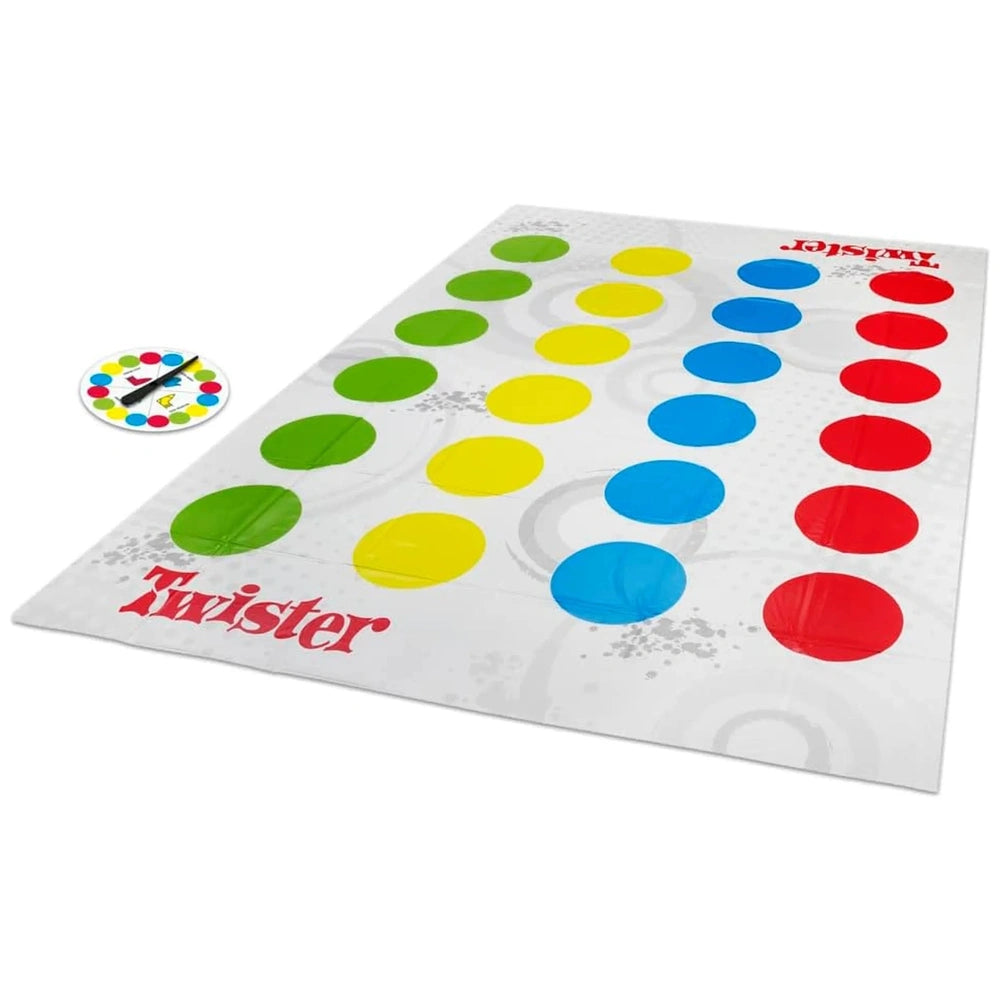 Hasbro Twister Game German Edition features a glossy surface with four colored circles and central "TWISTER" text.