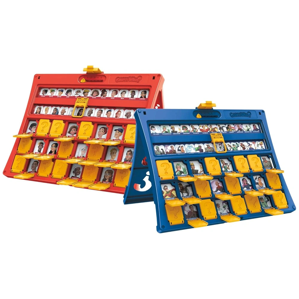 Hasbro Wer Ist Es Board Game in matte plastic with blue, red, and yellow colors, featuring numbered buttons and logos.