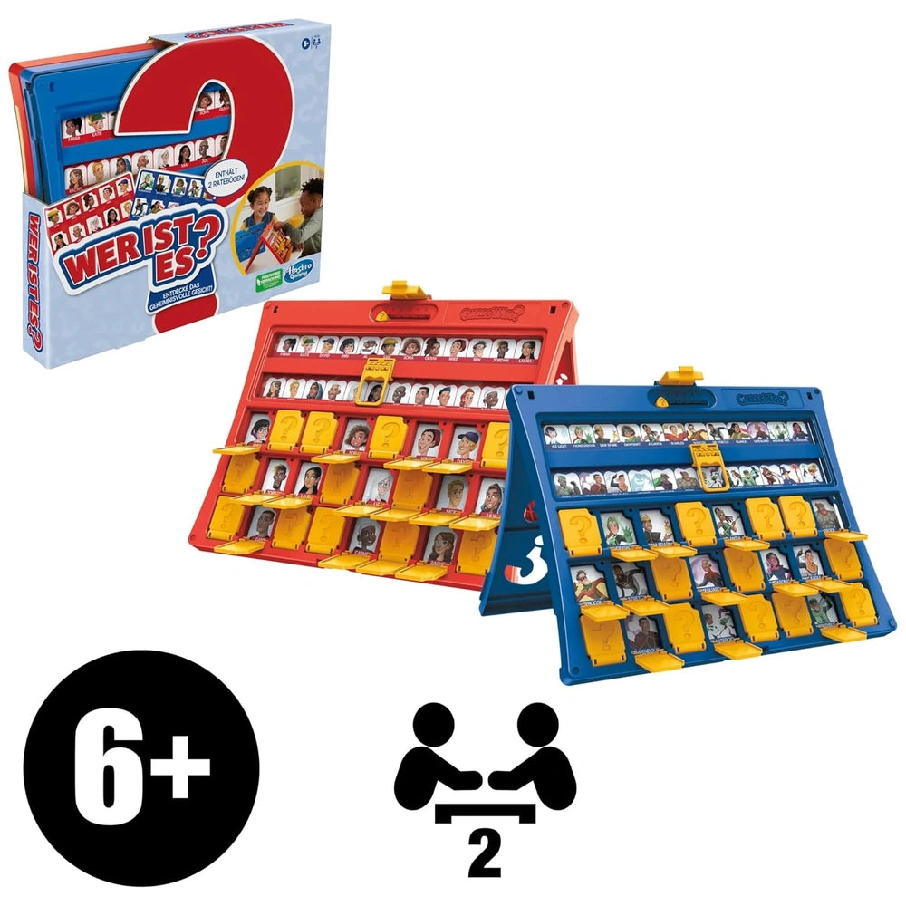 Hasbro Wer Ist Es board game packaging features a glossy red and blue cardboard with a yellow plastic window and age 6+ label