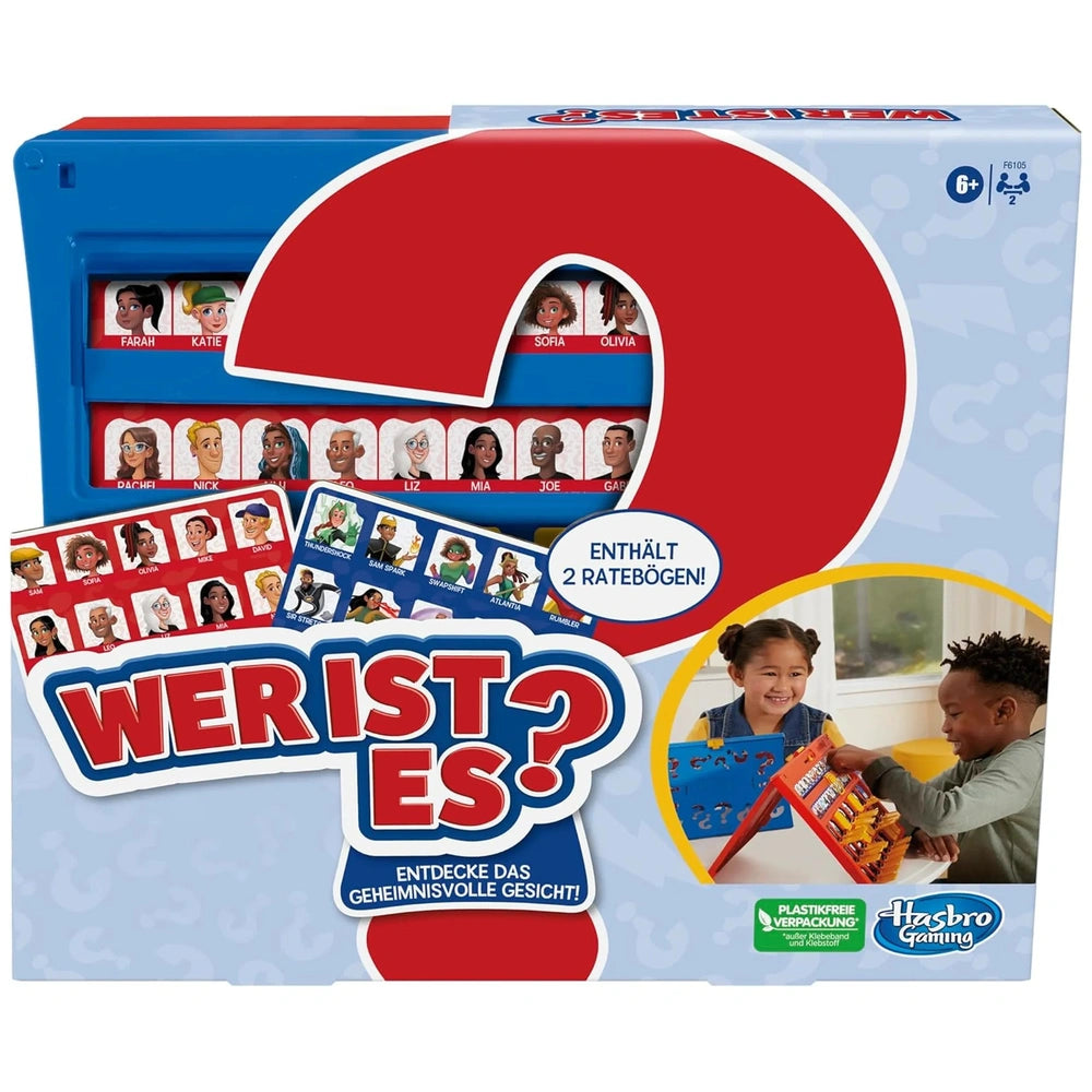 Hasbro Wer Ist Es Board Game German Edition packaging in glossy blue with white and red text, featuring a large question mark