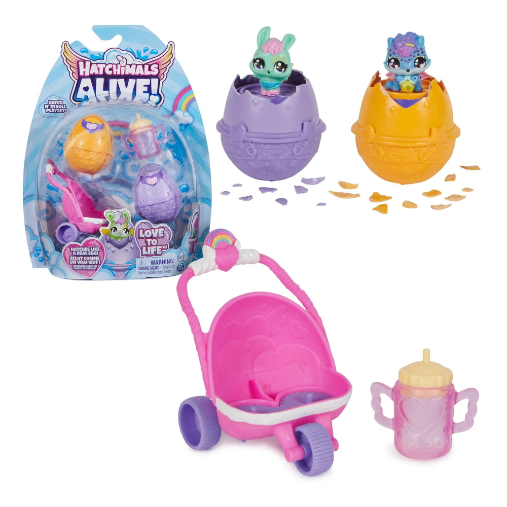 Hatchimals Alive Hatch N’ Stroll Playset features a pink stroller, colorful eggs, and vibrant hatchlings against a white back