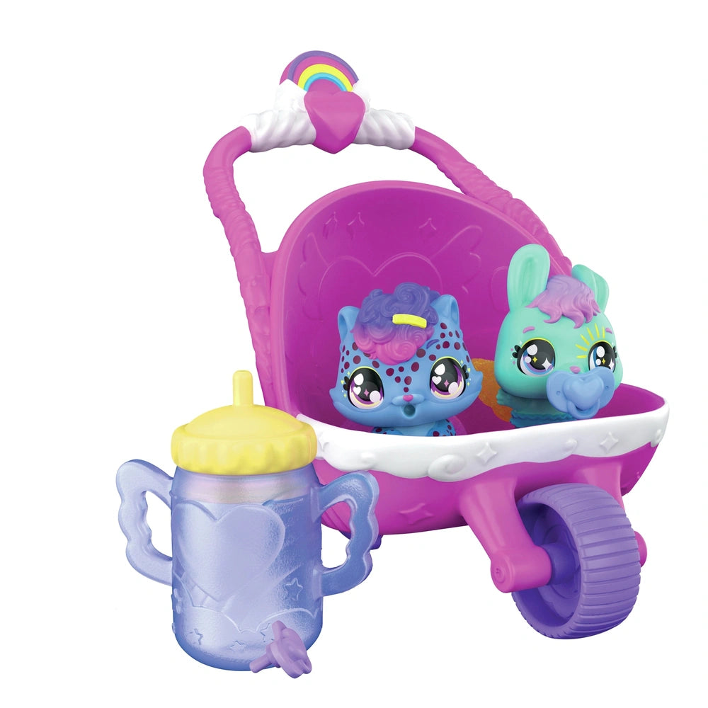 Hatchimals Alive Hatch N’ Stroll Playset features a pink toy car with two colorful characters in the back seat.