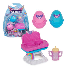Hatchimals Alive playset features vibrant egg-shaped toys in pink and blue, complete with a highchair and mini figures.