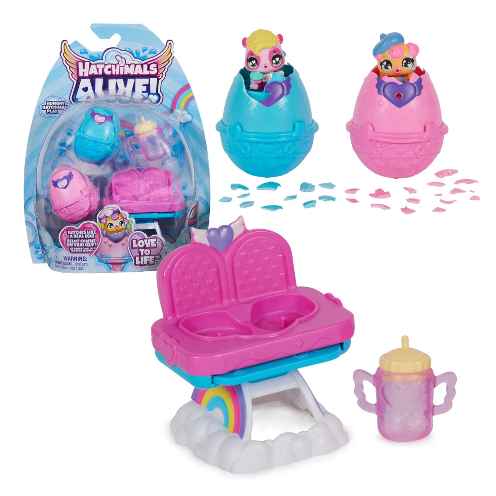 Hatchimals Alive playset features colorful, glossy plastic creatures, a pink heart-shaped highchair, and two mini figures.