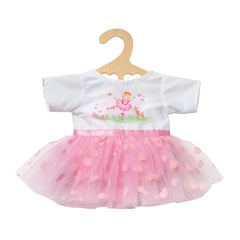 Ballerina dress Maria in pink with white hearts, displayed on a wooden hanger, designed for dolls sized 35-45 cm.