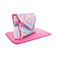 Heless unicorn changing bag features a pink floral design, mesh pocket, and heart shape, made of soft fabric with a smooth te