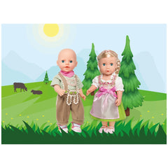 Heless Dirndl Heidi dolls, dressed in pink and white outfits, hold hands against a painted grassy backdrop with blue sky.