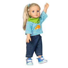 Heless doll dressed in jeans and striped shirt, featuring blonde plastic hair and blue plastic eyes, size 35-45 cm.