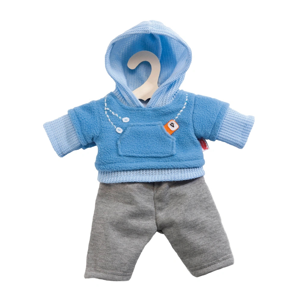 Heless jogging suit for dolls featuring a blue hoodie, gray pants, and a white plastic hook inside the hoodie.