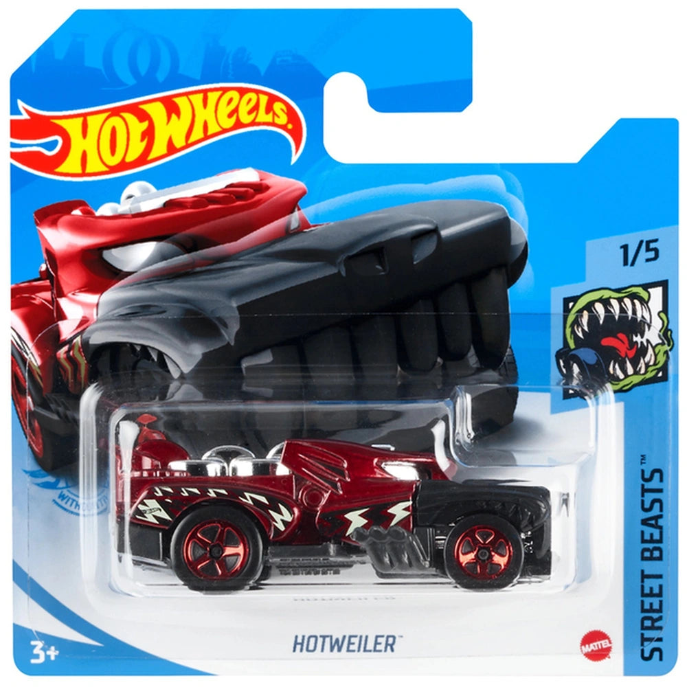 Hot Wheels HW Racing Track Single Vehicle Pack features a red die-cast car with black accents in glossy blue packaging.