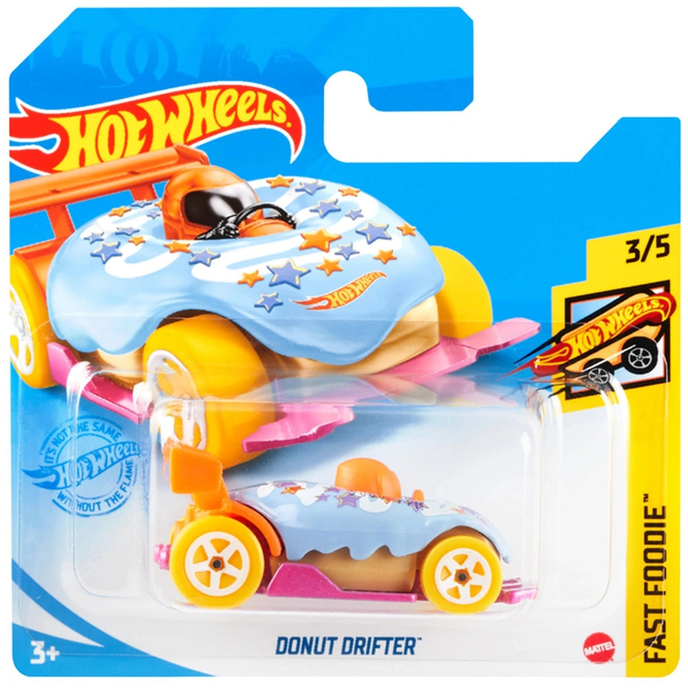 Hot Wheels Donut Drifter toy car in blue packaging with glossy finish, featuring red and yellow text and a star-patterned des
