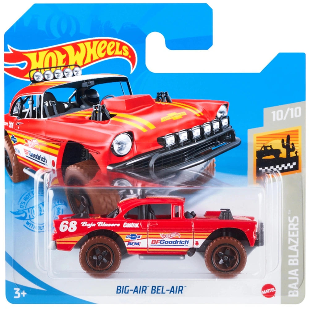 Hot Wheels HW Racing Track single vehicle pack features a red car and black truck in a glossy white and blue cardboard packag