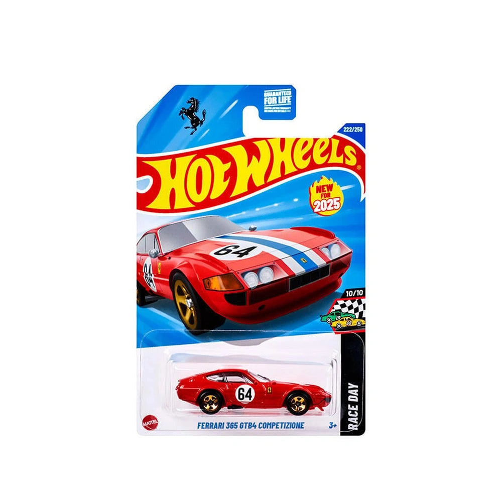 Hot Wheels 1:64 die-cast Ferrari 365 GTO in red with stripes, displayed in blue packaging featuring a plastic window.