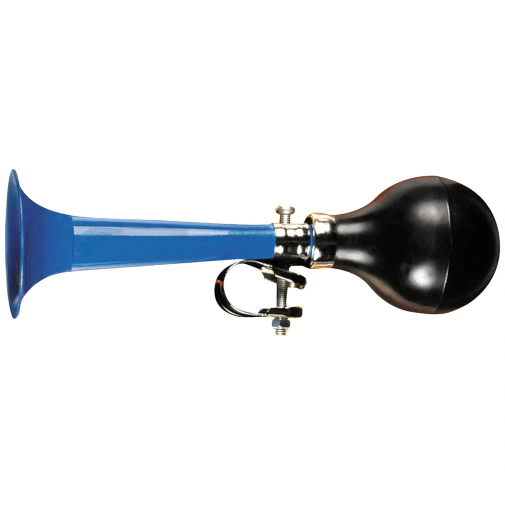 Johntoy Bike Fun bicycle horn features a blue plastic top, black plastic bottom, and a metal connector for outdoor play.