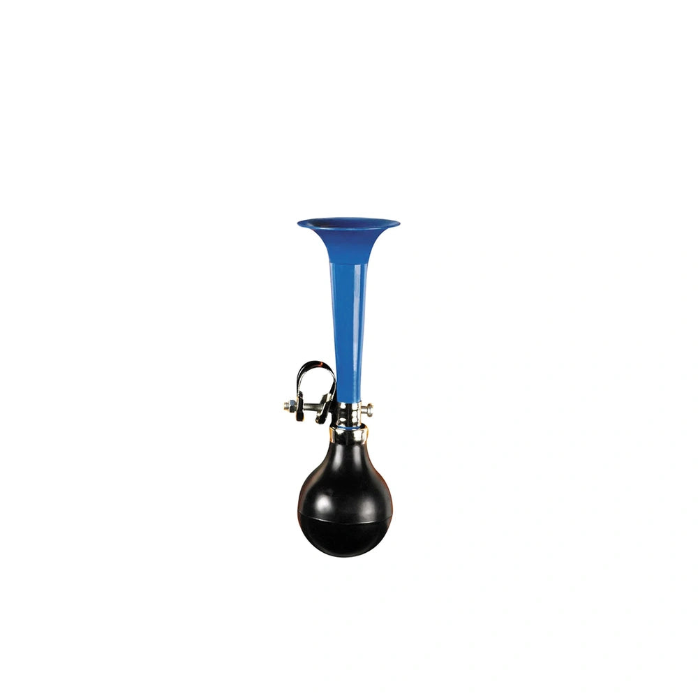 Blue metal bicycle horn with black plastic base, designed for outdoor play equipment and fun cycling experiences.