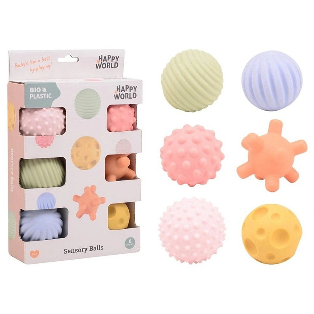 Johntoy Bio Plastic Motor and Sensory Balls in pastel colors, visible through white retail packaging, ideal for baby activity