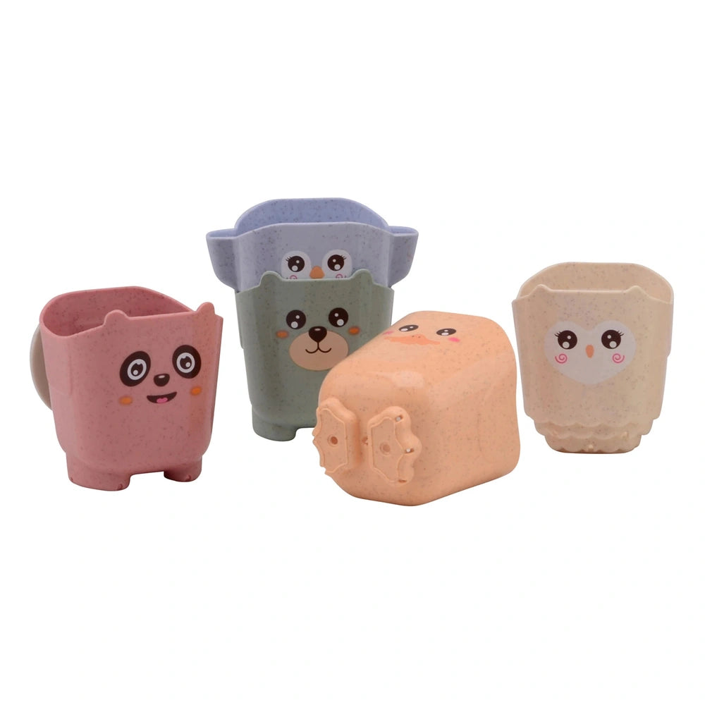 Johntoy bio plastic stackable bucket and bath cups in pink and beige with playful face designs, featuring matte and glossy ma