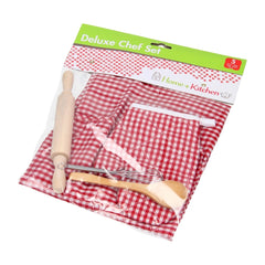 Johntoy Deluxe Chef Playset features a red and white checkered fabric with a rolling pin and wooden spoon in plastic packagin