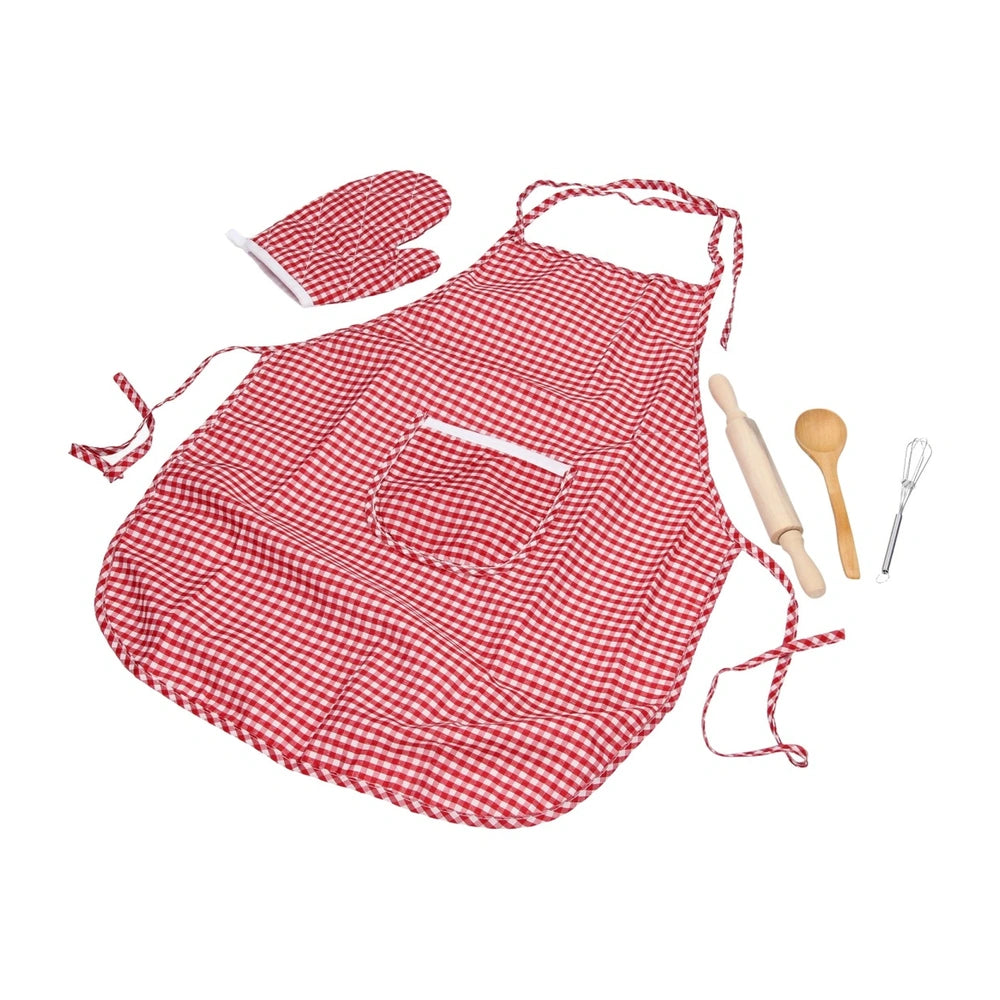 Johntoy Chef Playset Deluxe features a red and white checkered apron, oven mitts, a wooden rolling pin, and a metal whisk.