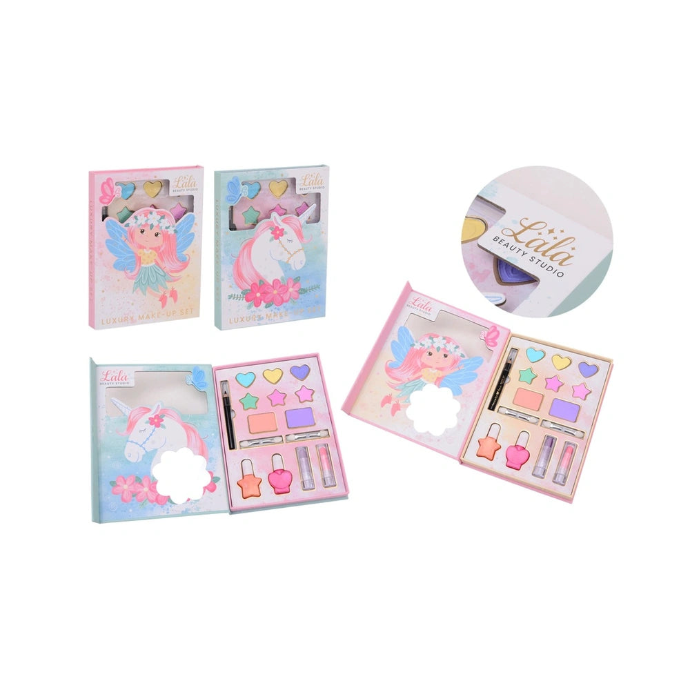 Johntoy Lala Beauty Studio makeup packaging features a pink background with multiple unicorn designs and a glossy plastic win