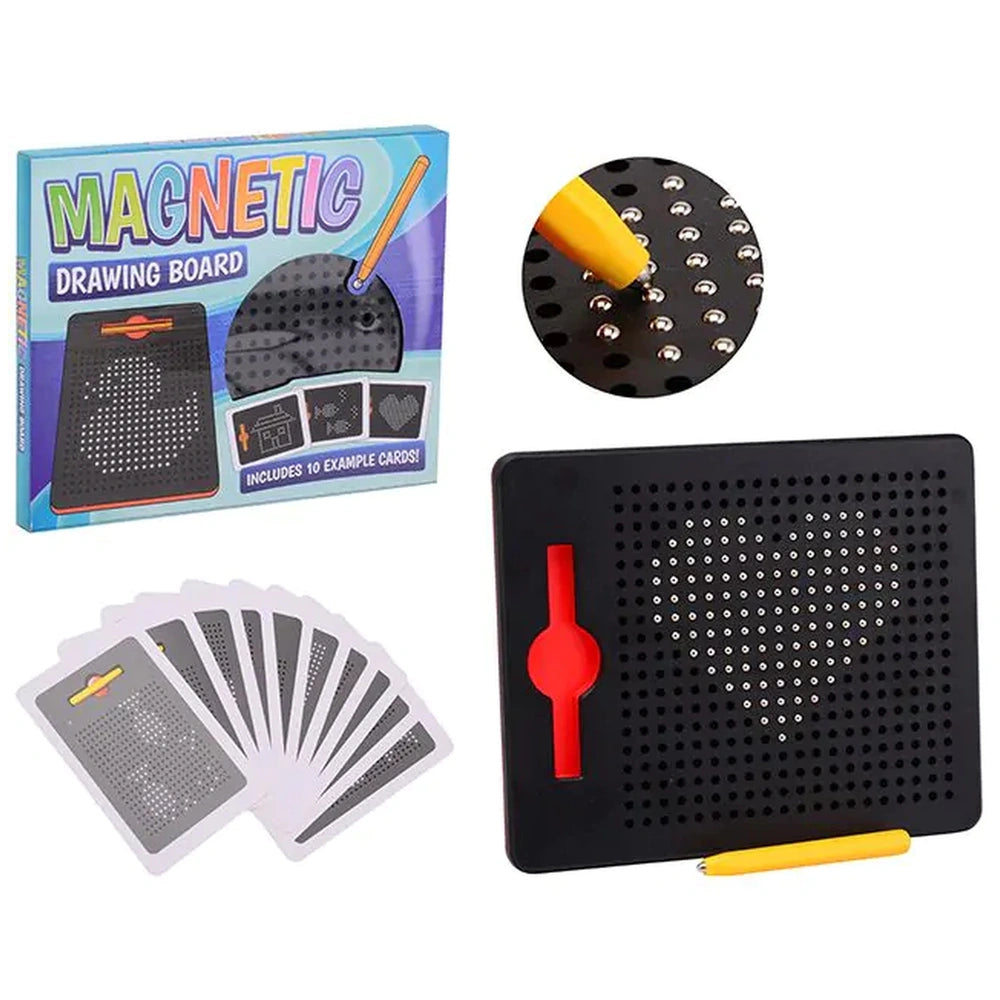 Johntoy Magnetic Drawing Board Playset features a black heart-shaped design, yellow pencil, and glossy blue packaging with wh