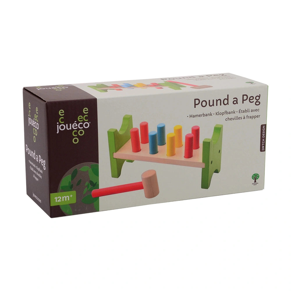 Johntoy Pound A Peg Set in colorful cardboard packaging featuring pegs, a peg board, and a plastic window for visibility.