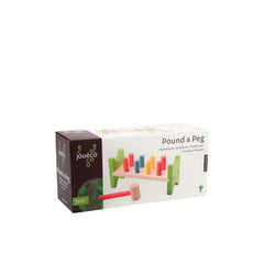 Johntoy Pound A Peg Set features a colorful board with pegs in red, blue, yellow, and green, visible through matte cardboard 
