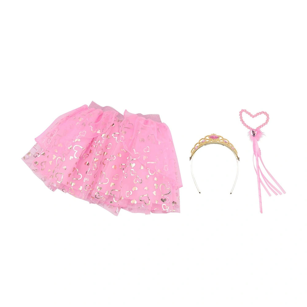 Princess dress up set featuring a pink glittery skirt, gold glittery headband, and pink heart-shaped tassel.
