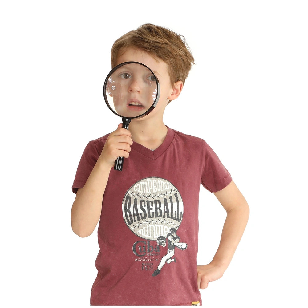 Johntoy Science Explorer Magnifying Glass, large, with a maroon shirt featuring a baseball graphic and pocket details.