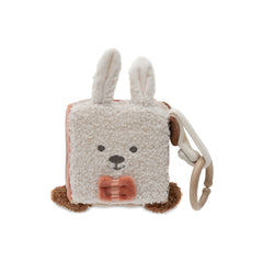 Jollein Activity Cube features a bunny with ears, eyes, nose, mouth, and bow tie, designed for baby play and engagement.