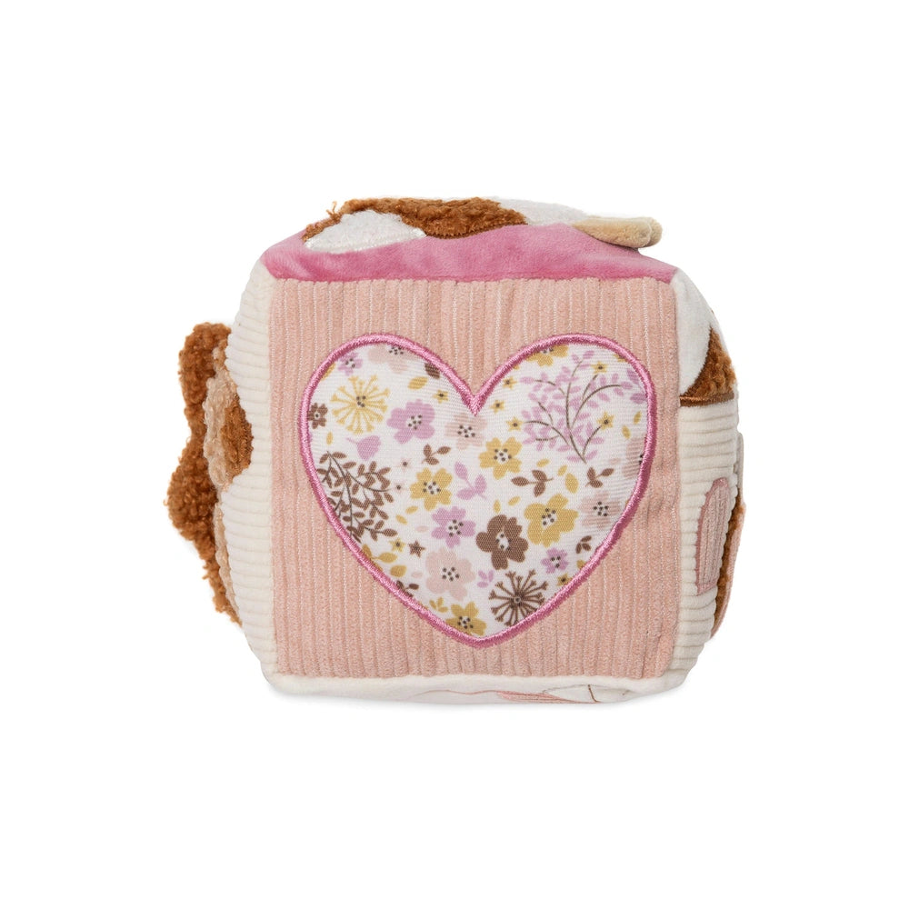 Jollein Activity Cube features a pink heart design on floral fabric, quilted texture, and plush brown material for baby play.