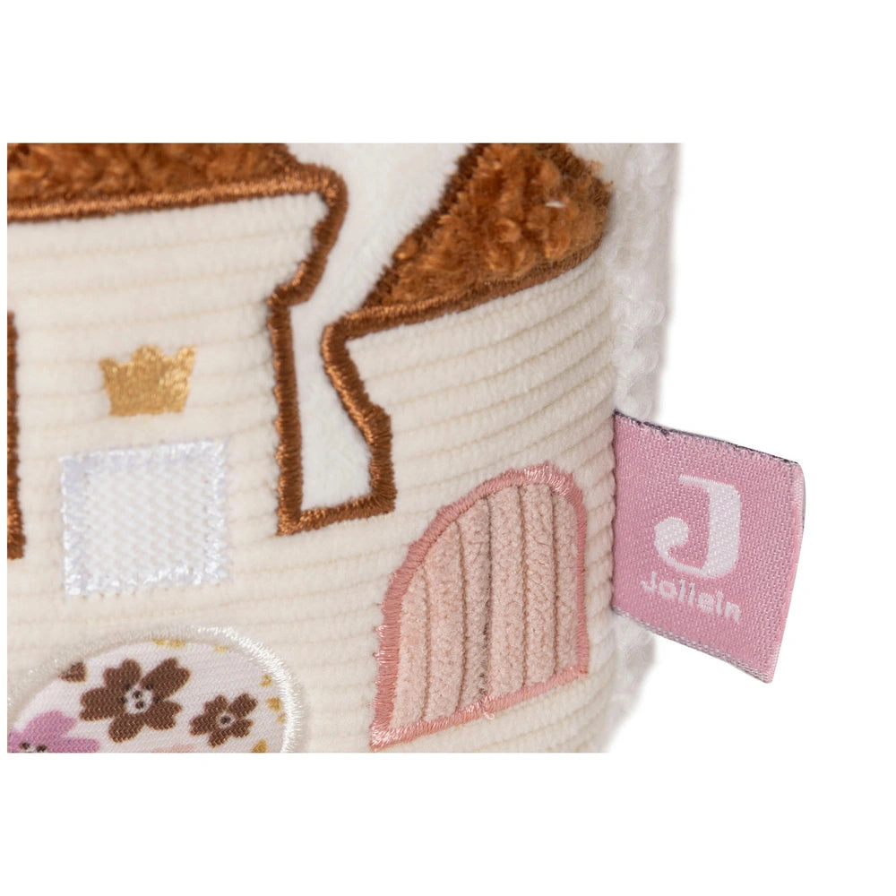 Jollein Activity Cube features a soft white fabric with a pink floral border and a metallic gold crown embroidered design.