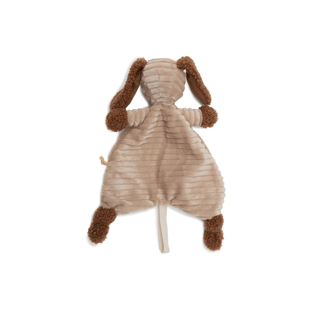 Jollein pacifier cloth featuring a light brown stuffed animal with two ears, eyes, arms, legs, and a tail.