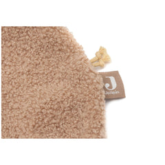 Jollein pacifier cloth in soft, light brown fabric features a curly texture and a small label with "JOLLEIN."