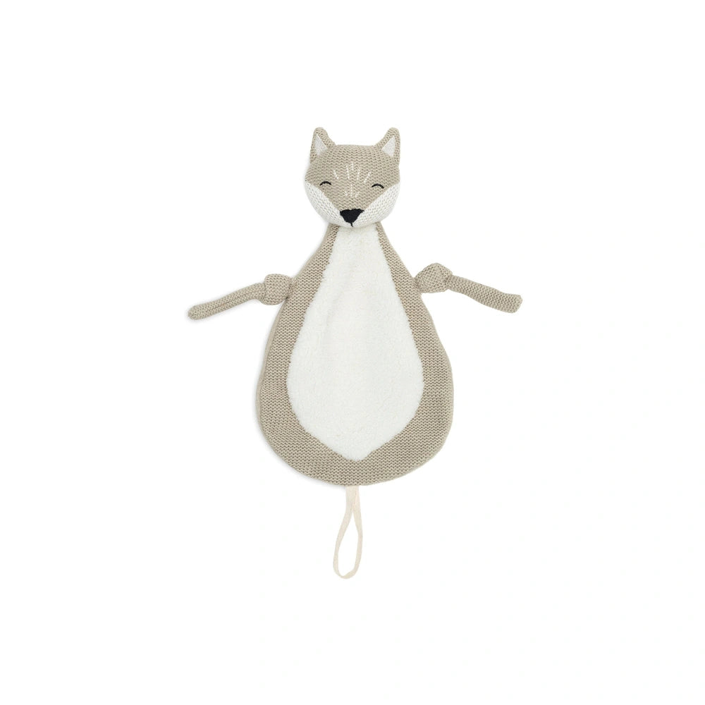 Jollein pacifier cloth fox made of gray knitted fabric with a white belly and gray paws, featuring lighter gray ears.