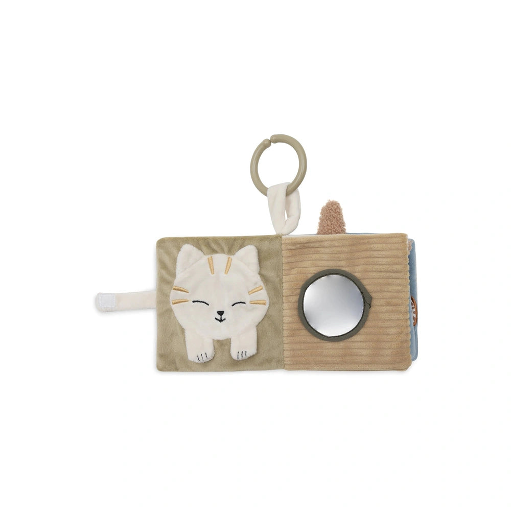Jollein soft activity book features a central cat design in white, black, and gold on textured beige fabric with a handle.