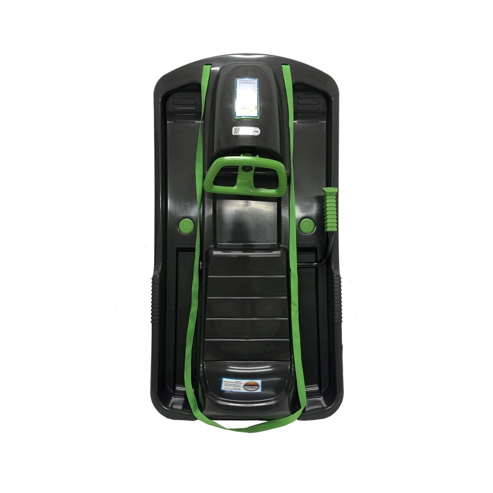 KHW Snow Fox Sled in glossy black with green strap and buckle, featuring a blue label on the body.