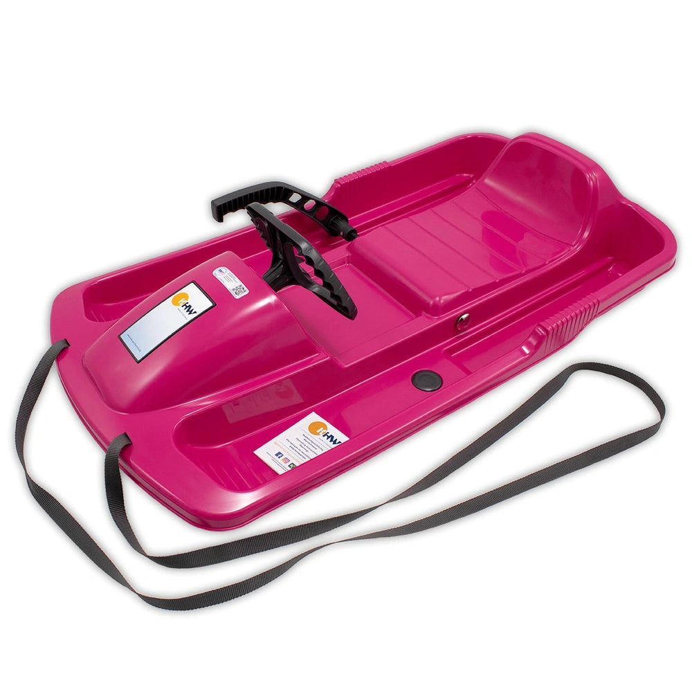 KHW Snow Fox sled in glossy pink plastic with matte pink seat, black handle, strap, and foot pedal, designed for outdoor play