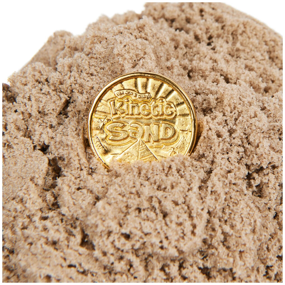 Kinetic Sand Mummy Tomb features a gold coin with "KINGDOM SAND" text on a fine, granular surface.
