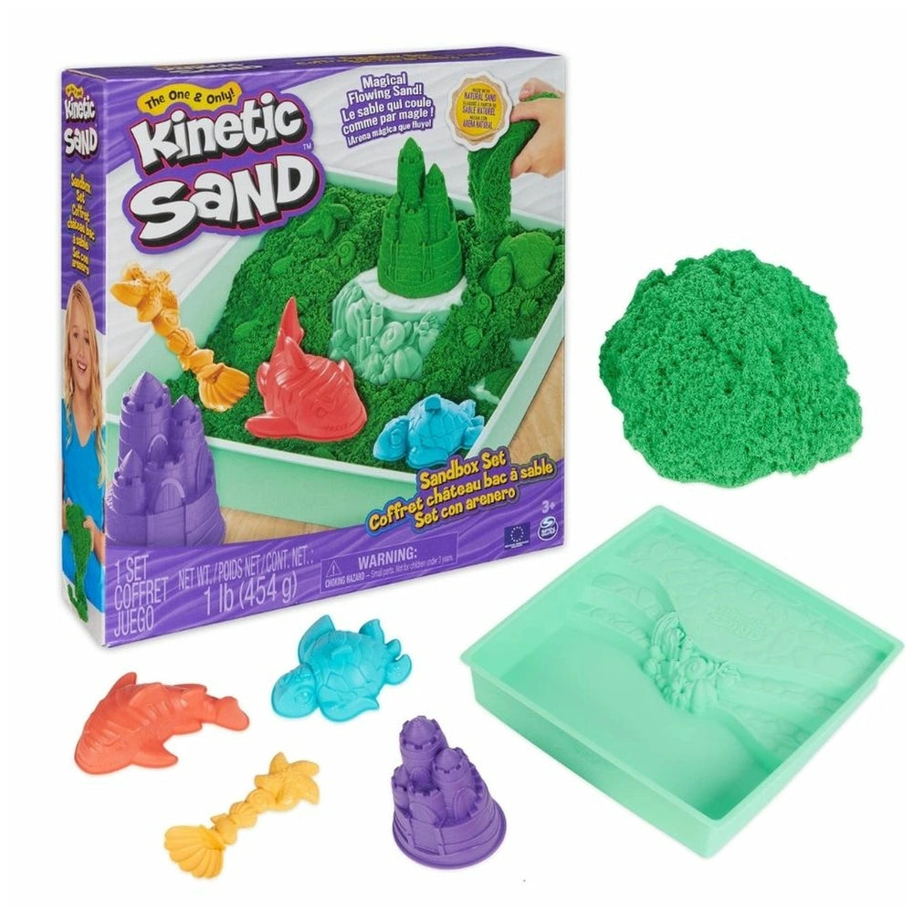 Kinetic Sand Sandbox Set features green sand and colorful molds for creating sandcastles, suitable for children aged 3 and up
