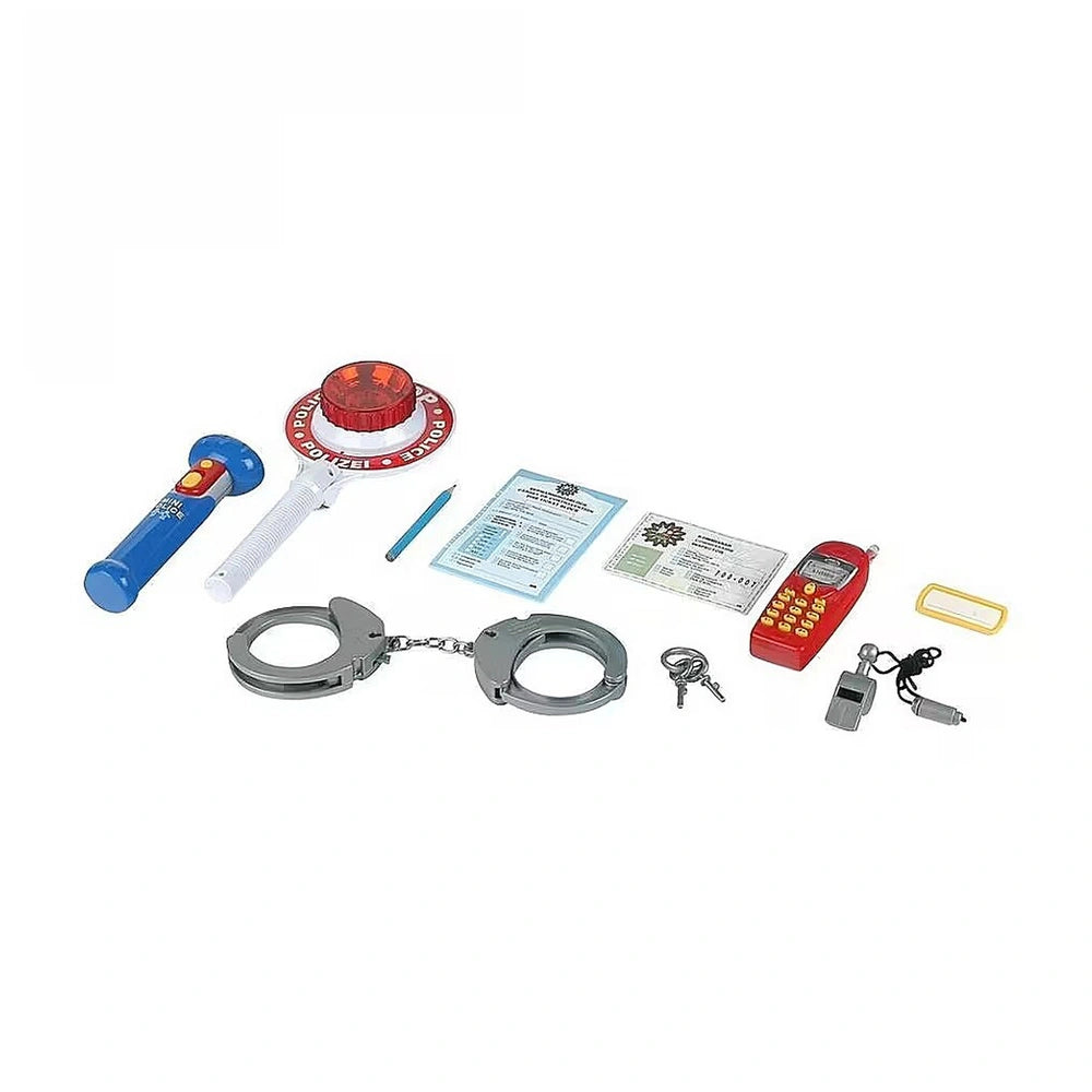 Klein Police Set includes a toy police car, handcuffs, walkie-talkie, paperwork, pen, and cell phone in vibrant colors.