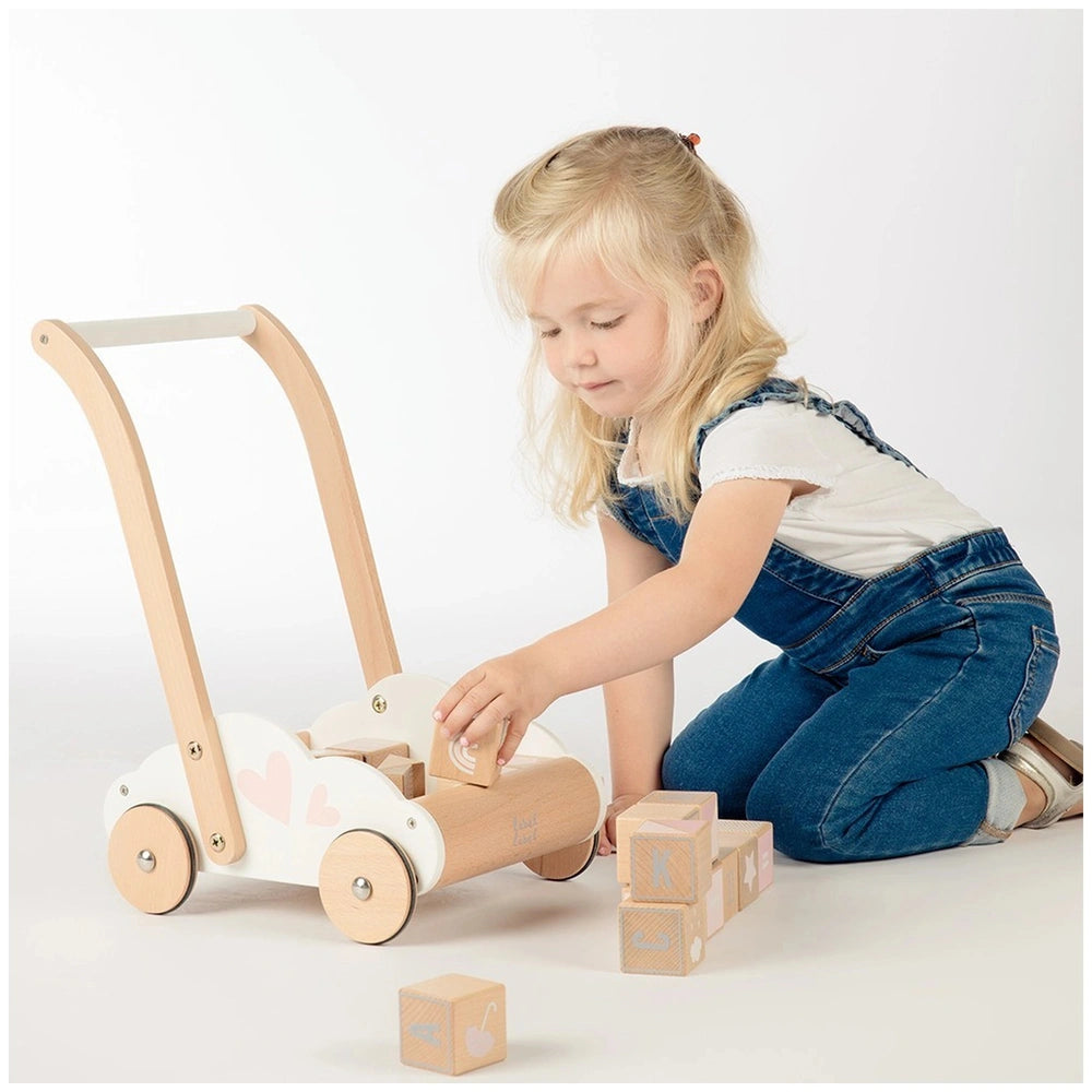 Wooden baby activity toy car walker with detailed features like steering wheel, seat belt, and roof rack, promoting early mob