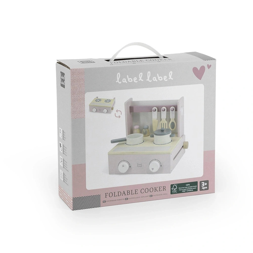 Foldable cooker toy kitchen set in cardboard packaging with a clear plastic window and white graphics and text.