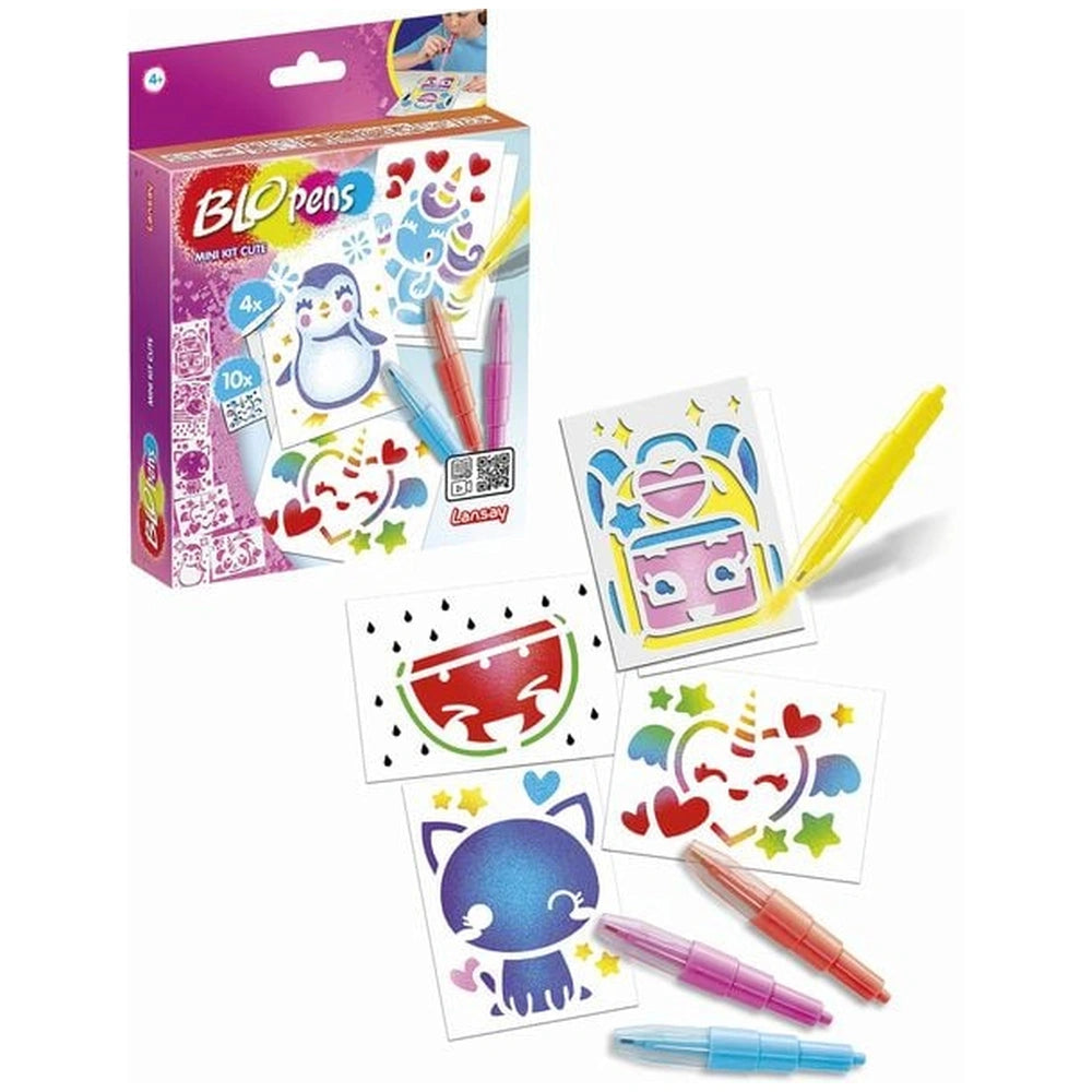 LANSAY Blopens Mini Kit packaging features colorful pencils, stickers, and a glossy purple background with a transparent wind