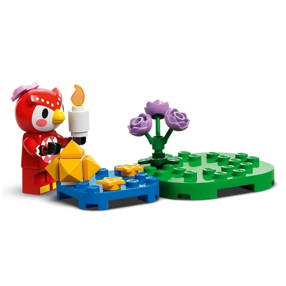 Lego Animal Crossing construction sets feature a colorful bird character and a purple flower on vibrant baseplates.