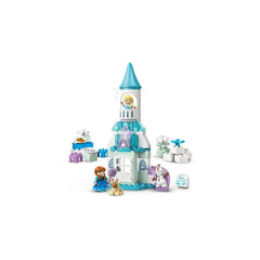 LEGO Anna and Elsa's Frozen Castle Party set features a colorful tower with characters and playful toys in a whimsical scene.