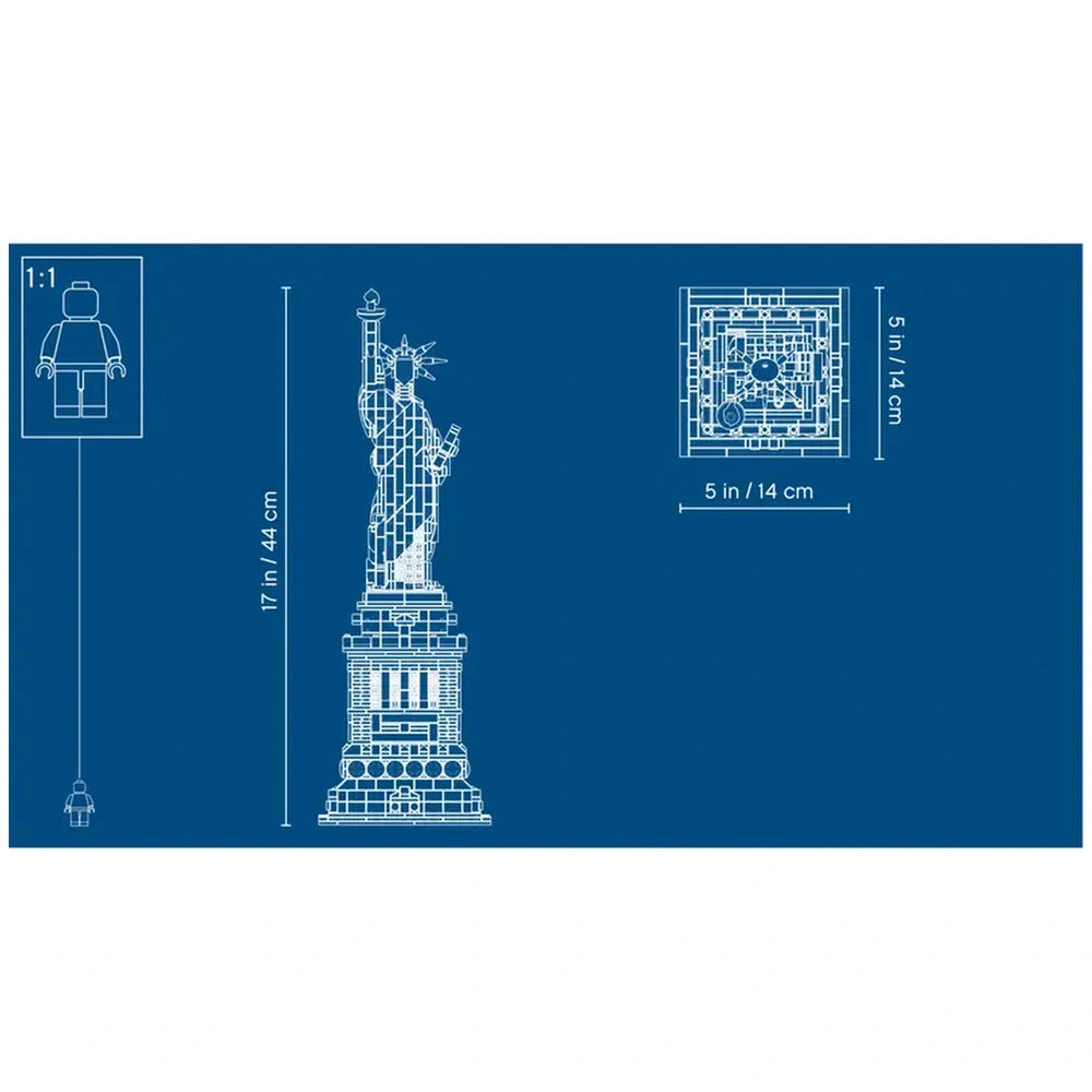 Lego Statue of Liberty construction set illustrated in a simplified, monochromatic style against a blue background.