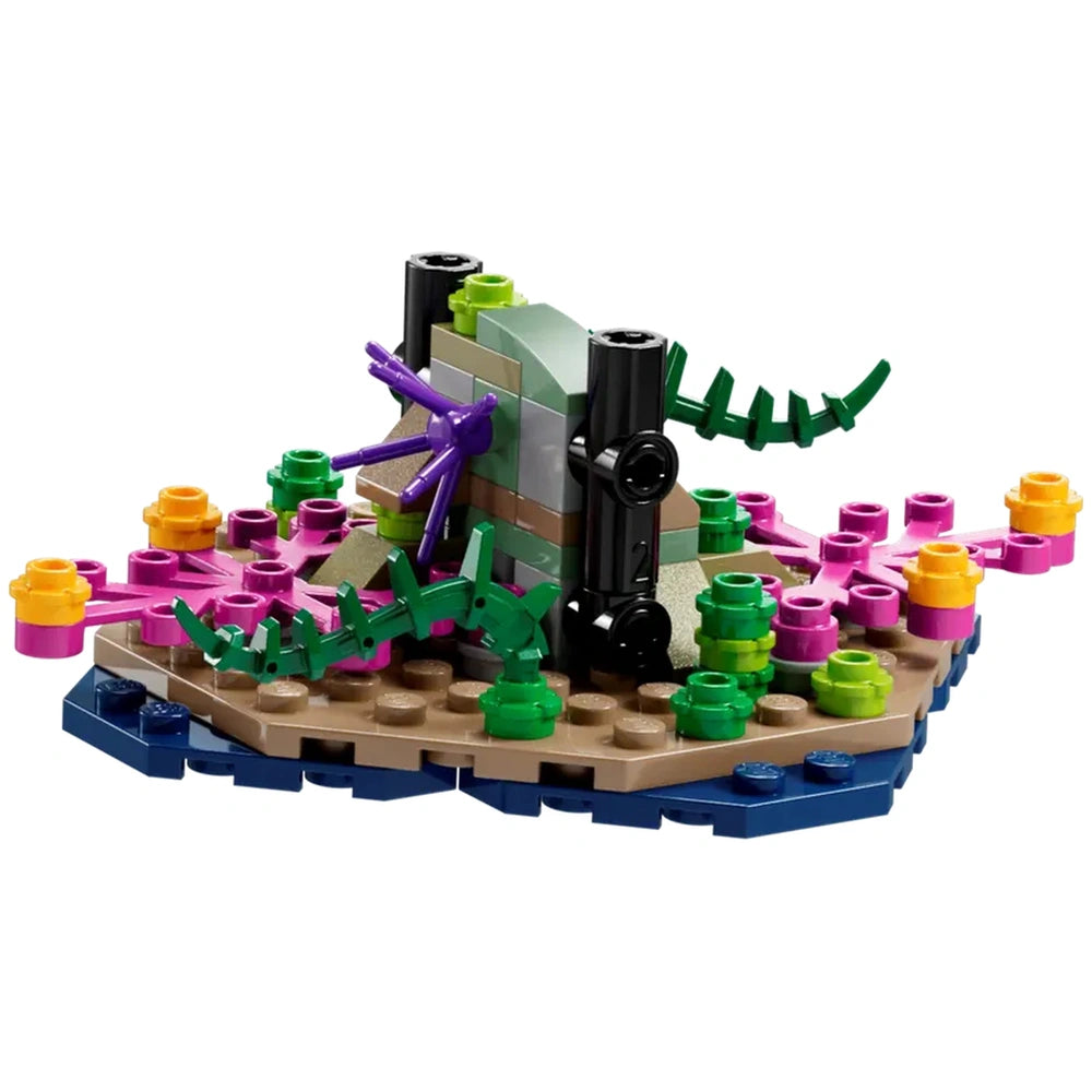 Colorful LEGO construction set depicting an underwater scene with coral, sea plants, and a rocky base, inspired by Avatar.